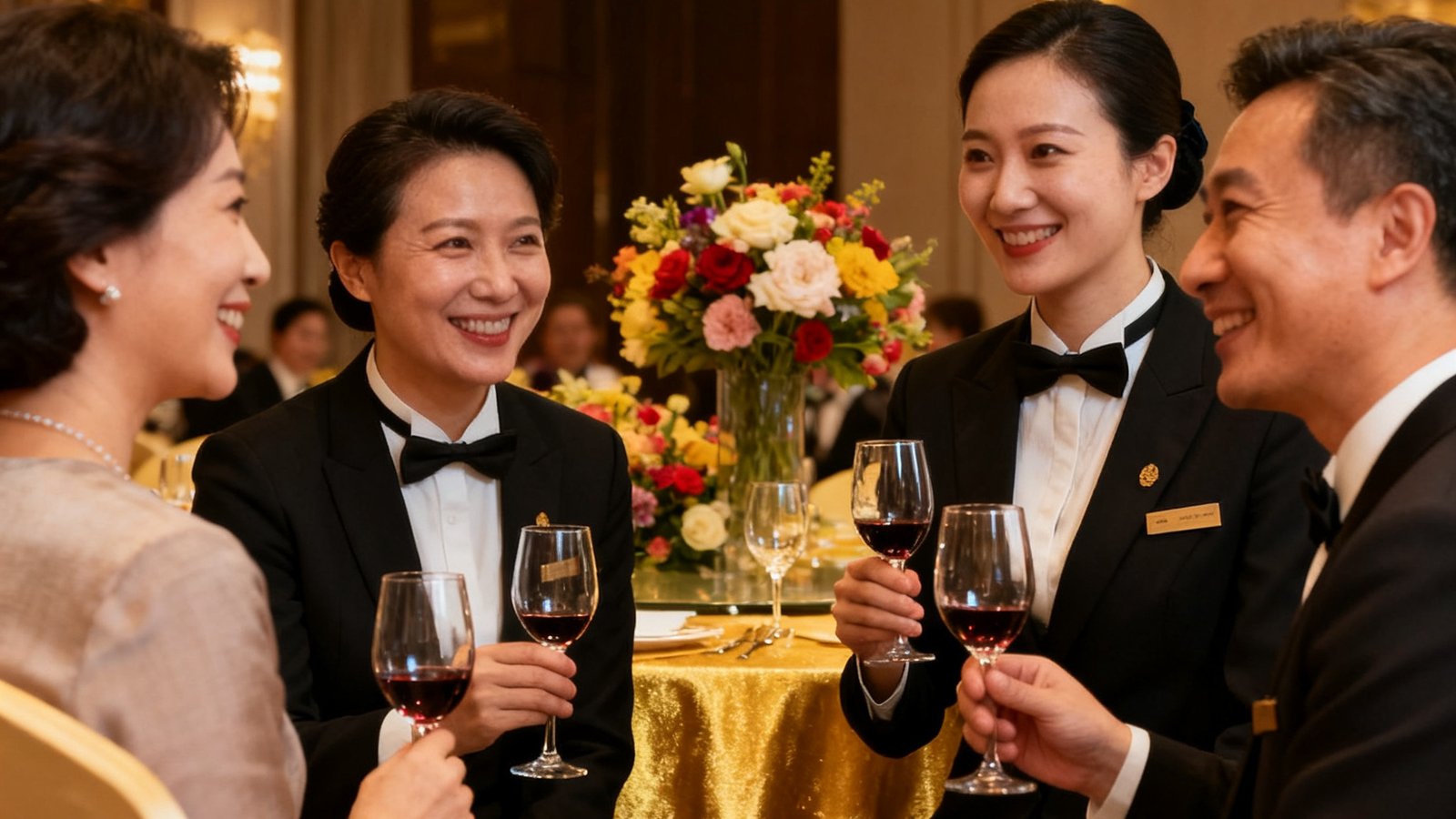 168贵宾会年度客户答谢晚宴现场，优雅的宴会厅中业主们与管家团队亲切交流，气氛温馨融洽。